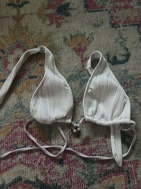 White Ribbed Triangle Bikini Top Adjustable with Charm